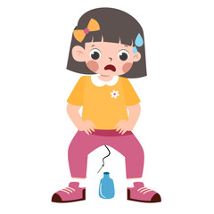 Clumsy Child: Frightened girl with dropped bottle, cartoon illustration.