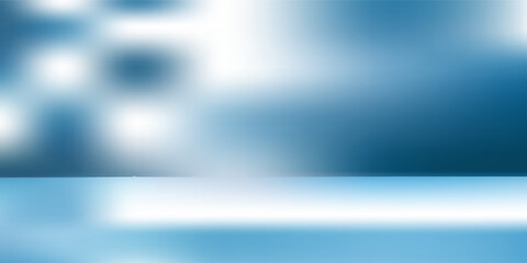 Panoramic abstract blue background for product presentation with sunlight and blurred shadows wall. Winter background.