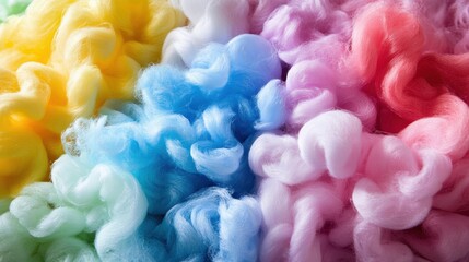 Naklejka premium Close-up of colorful cotton candy clouds in pastel shades, overhead shot, soft and fluffy texture for backgrounds and designs