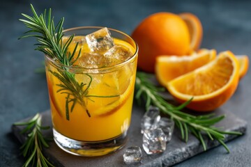 Fototapeta premium Refreshing Citrus Drink with Ice and Rosemary Garnish on a Slate Background