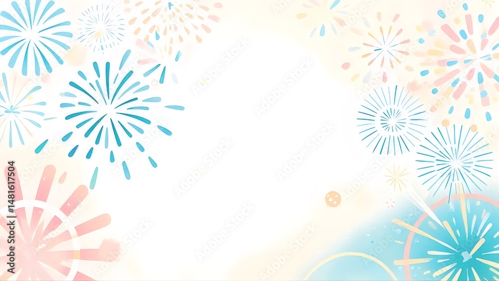 Aufkleber 白い背景に様々な花火のイラスト パステルカラーの花火が輝く背景デザイン お祝いのイベントや夏の祭りのテーマに最適