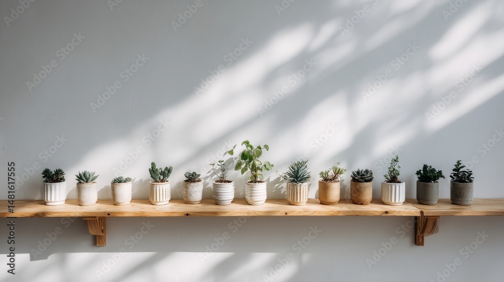 Poster a row of assorted succulents is neatly arranged in minimal ceramic pots on a light wooden shelf, ill