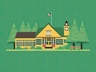 Charming yellow schoolhouse nestled amidst green trees.
