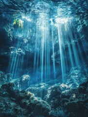 Obraz premium Sunbeams pierce the depths of an underwater cave illuminating rock formations in a dramatic low angle shot of a cenote