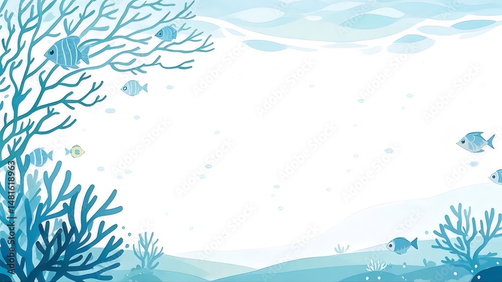 Aufkleber 明るい青色の背景にサンゴと魚が泳ぐ水中テーマのイラスト