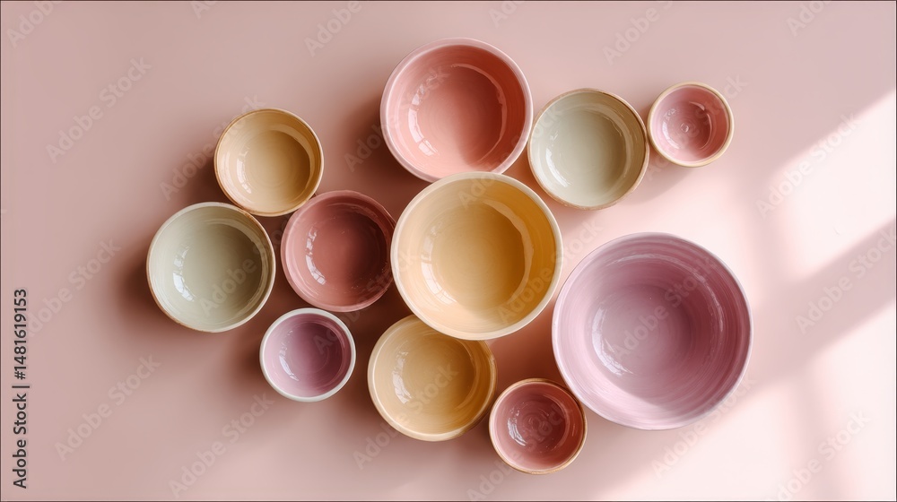 Aufkleber handcrafted pottery bowls are thoughtfully arranged in a flowing pattern on a pale coral background,