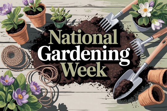 Illustration of gardening tools and plants for national gardening week celebration on wooden surface