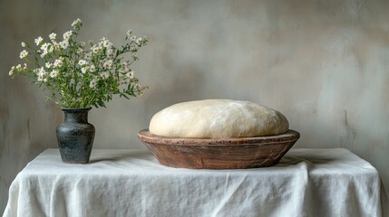 Rustic dough in wooden bowl, flowers