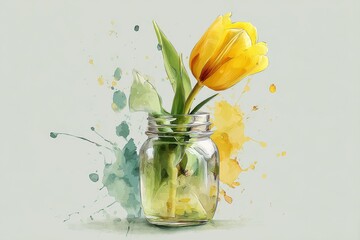 Yellow tulip in a glass jar, artistic watercolor style.