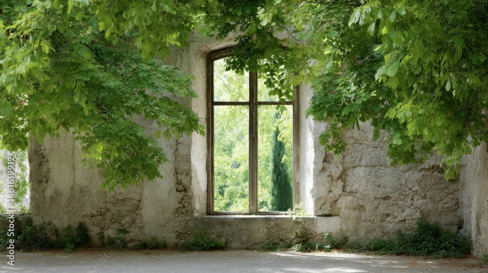 Poster a weathered wooden window frame showcases leafy tree branches, framed by cracked walls, inviting nat