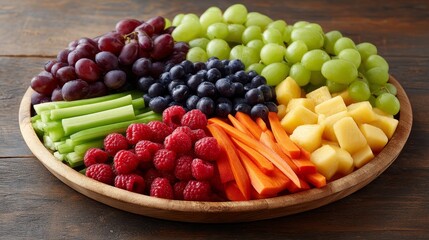 This delightful snack platter showcases a variety of cut fruits and vegetables, including grapes, celery, carrots, and raspberries, perfect for any gathering