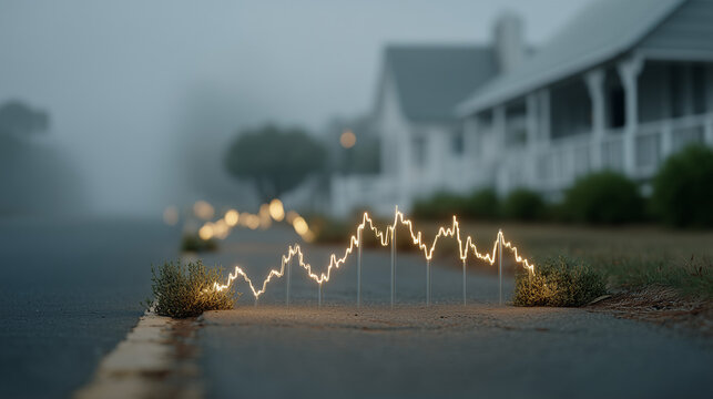Pathway of Light: Capturing the essence of an early morning ambiance, this image showcases a radiant light installation, mirroring a graph across a pathway amidst a subtle, serene fog.