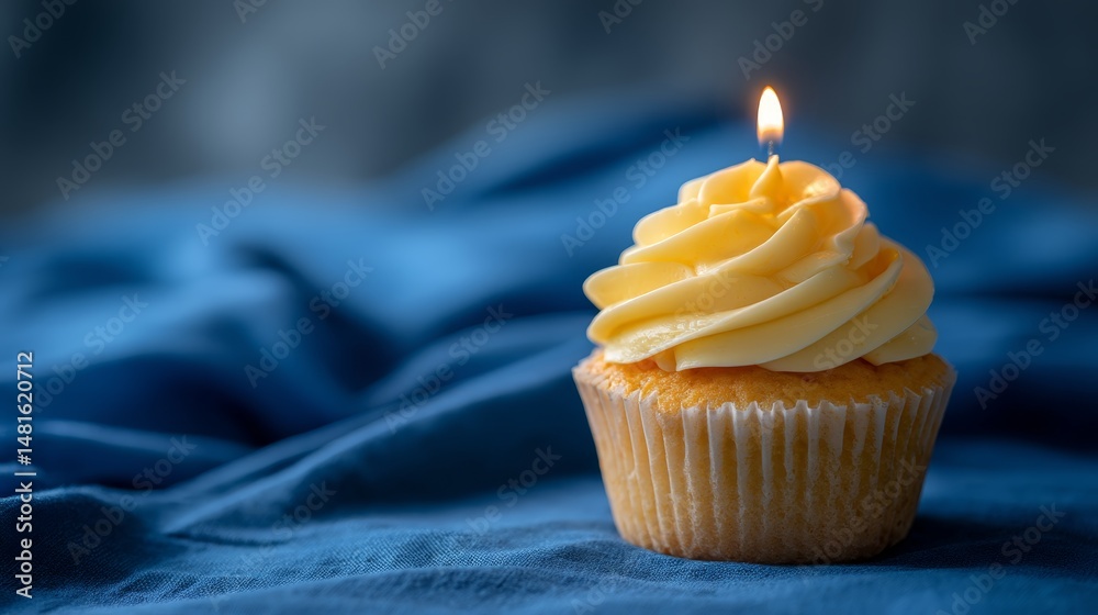 Poster close-up view of a yellow cupcake topped with a lit candle, set against a lively blue backdrop creat