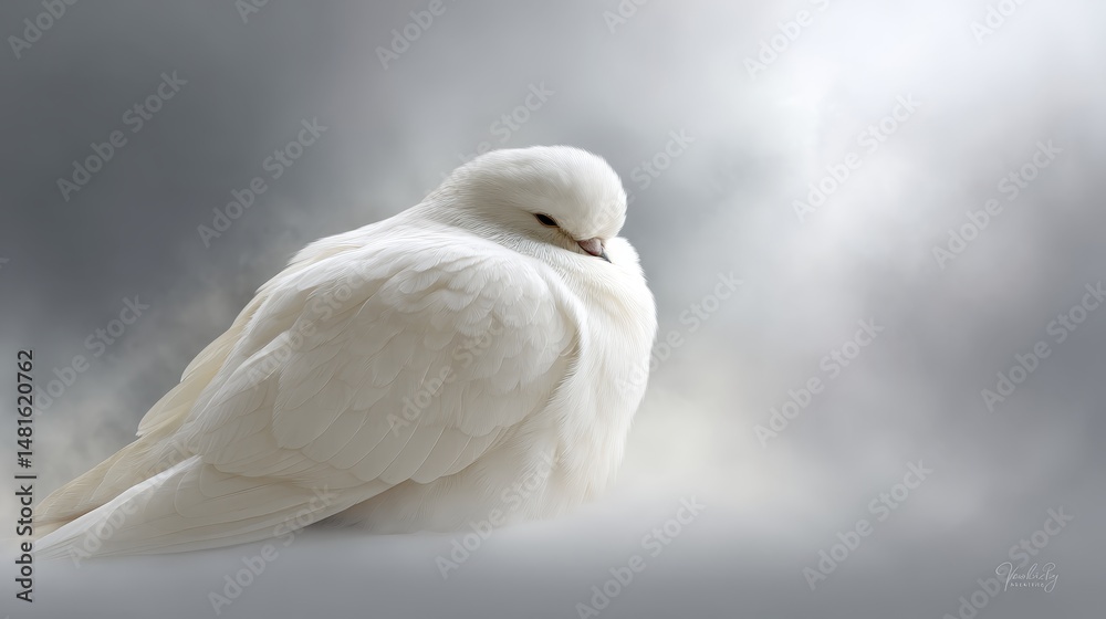 Poster a white bird is resting quietly, its feathers fluffed, surrounded by a soft-focus, foggy background 