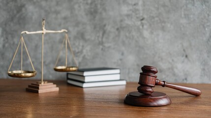 Close-up of a wooden gavel positioned next to brass scales and stacked legal books, showcasing a classic law office setting with a neutral background