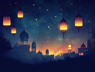 Illuminated mosque city at night under a starlit sky.