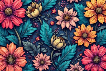 Intricate line art blooming flowers Geometric seamless pattern , nature, fabric
