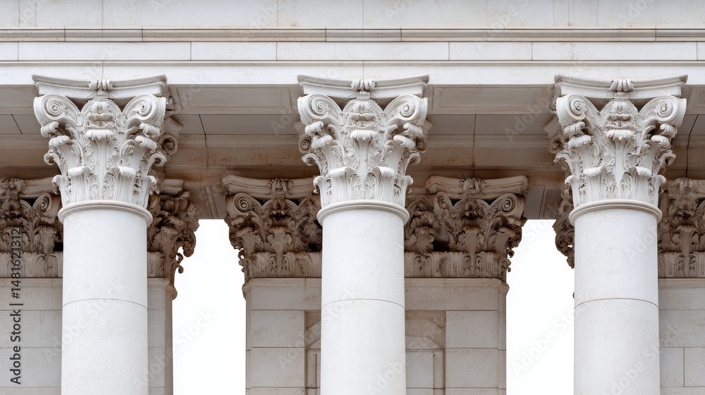Poster front-facing view of classical greek columns isolated on a white background, showcasing intricate de