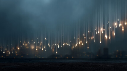 Fototapeta premium Light Cascade Over City: A mesmerizing visual of cascading lights descend gracefully, illuminating a cityscape in an ethereal, cinematic spectacle.