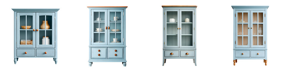 Charming blue wooden cabinets featuring glass doors, showcasing captivating design with warm wooden accents, perfect for stylish storage in contemporary interiors.