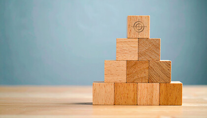 Building a wooden pyramid structure creative workspace photography bright background side view conceptual design