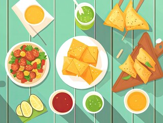 Colorful assortment of indian street food on a teal wooden table.