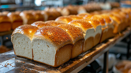 Freshly baked loaves of bread on a production line.  Rows of golden-brown, sesame-studded bread,  ready for distribution.  Close-up view of the bakery process.