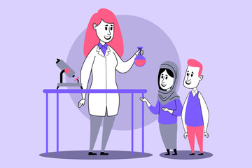 Teacher in lab coat holding colorful flask while engaging two students. Interest in science through collaborative learning and observation concept