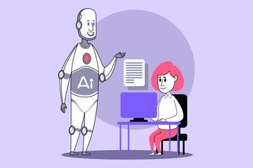 Humanoid robot with educational design interacting with student seated at desk. Enhancing learning through technology concept