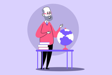 Knowledgeable educator standing beside globe, gesturing to highlight geographical features. Man surrounded by books, indicating focus on learning and education