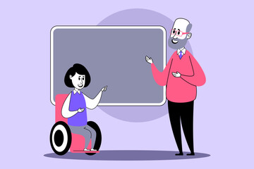 Elderly man in glasses explaining concepts in front of blackboard while young girl in wheelchair participating actively. Inclusive educational environment concept