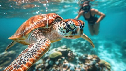 Fototapeta premium Sea turtle encounters a diver