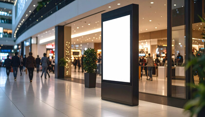 Indoor Shopping Mall Displaying Vertical Advertising Billboard Mockup With Blurred People Walking In Background Under Bright Lighting
