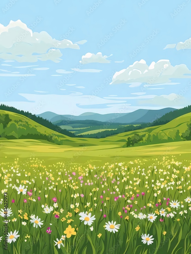 Poster 緑豊かな丘と青い空に咲く花々が広がる平和なピクセルアート風景 フィールドには白い雲が浮かび 夏の自然の美しさを描くカラフルなイラスト