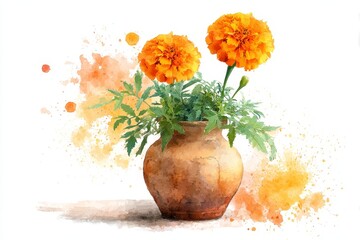 Obraz premium Two orange marigolds in a rustic clay pot.