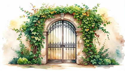 Whimsical watercolor garden gate, lush vines and blooming flowers in full display
