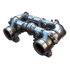 Detailed 3D Render of Chrome Exhaust Manifold Gleaming Metal Pipes on transparent background