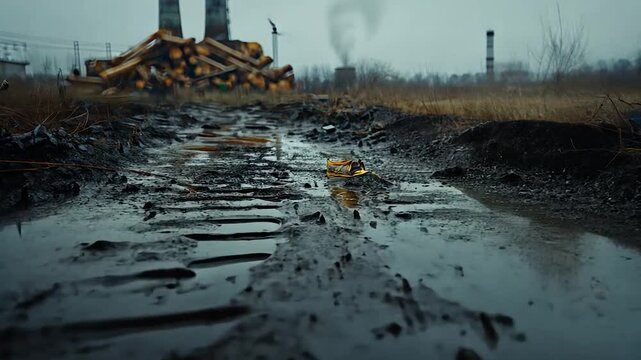 Muddy path with yellow bootprint