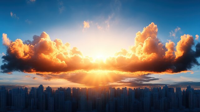 A brilliant sunset illuminates the skyline with golden light reflected off puffy clouds above the city buildings. - Powered by Adobe