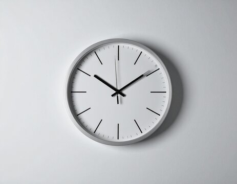 The modern, frameless wall clock mounted on a light gray wall