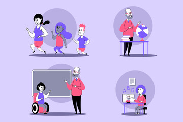 Diverse collection of educational activities showcasing students engaged in sports, learning from teachers, and participating in various subjects