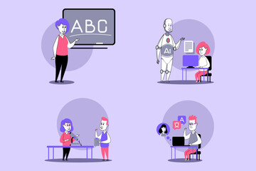 Various education-related activities, showcasing teacher, robot, student learning coding, and collaboration at table with tools