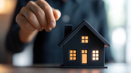 Engaged hand placing miniature house model.