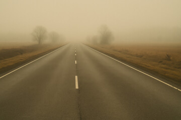 Fototapeta premium Foggy empty road with bare trees and dry grass on both sides, creating mysterious and calm atmosphere
