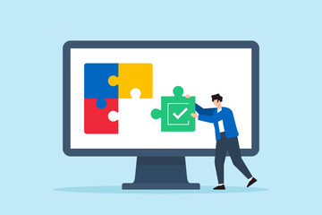 Flat illustration of remote worker assembling checklist puzzle pieces on digital screen to complete online task management process