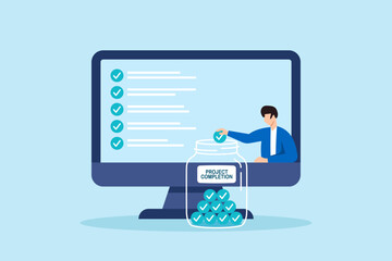 Flat illustration of remote worker filling jar with completed task marbles to measure project completion in digital productivity system