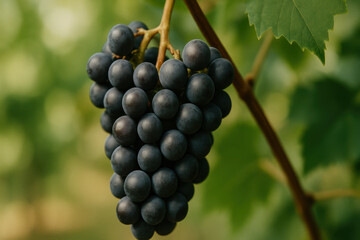 Ripe black grape cluster hanging on vine with green leaves in soft natural light, evoking freshness and natural beauty
