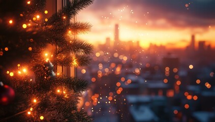 Festive city view from a window adorned with Christmas lights