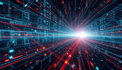Obraz premium Futuristic data flow, digital circuit board, red and blue light.