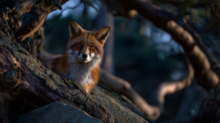 Fototapeta premium A fox watching quietly from the edge of the woods